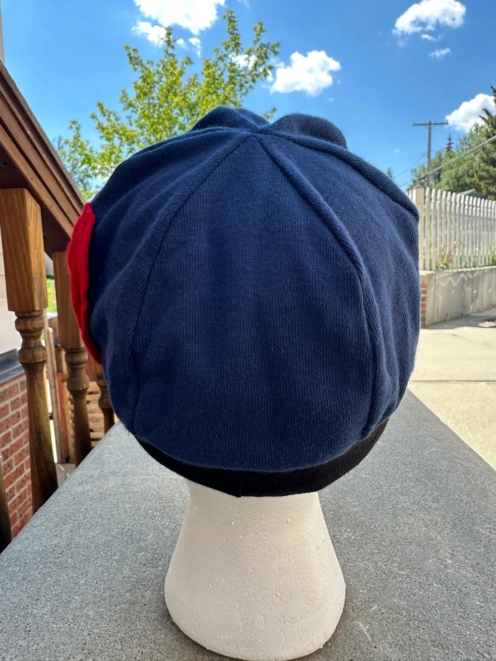 100% Organic Cotton stretch cap baseball style hat navy Blue Red flower accent